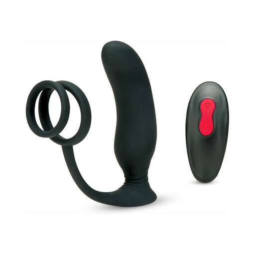 Black ergonomic prostate massager with dual rings and a wireless remote control for adjustable vibration settings.