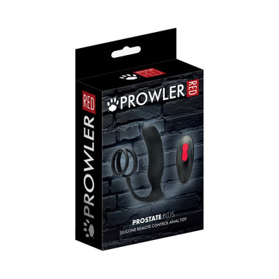 Prowler Red Prostate Plus black silicone remote-controlled prostate massager with dual rings shown on packaging box.
