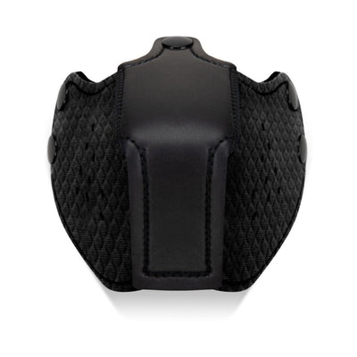 Black neoprene puppy muzzle with quilted texture and snap buttons for secure fit and comfort.