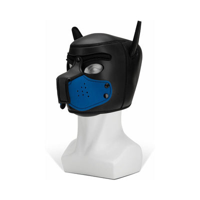 Black puppy hood with blue neoprene muzzle and dog ears displayed on white mannequin head