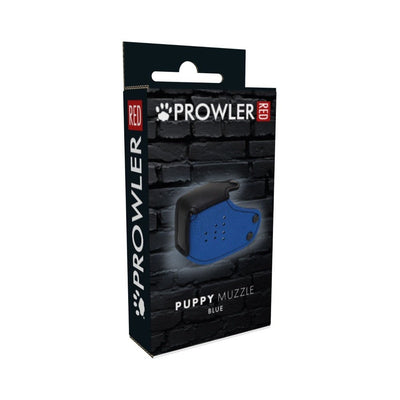 Packaging box of Prowler Red Puppy Muzzle featuring a blue neoprene muzzle with snap buttons on a black brick background.