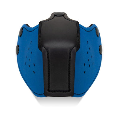 Blue neoprene puppy muzzle with black leather front panel and snap buttons on sides for secure fit.