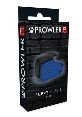 Packaging box for Prowler Blue Puppy Muzzle featuring a blue neoprene muzzle against a black brick background.
