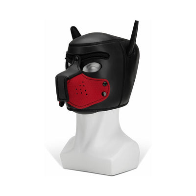 Black neoprene puppy hood with red muzzle and pointed ears displayed on a white mannequin head.