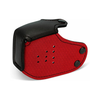 Red and black neoprene puppy muzzle with snap closures and ventilation holes, designed for comfortable wear.