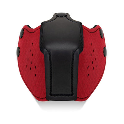 Red neoprene puppy muzzle with black front panel and snap buttons on sides for secure fit.