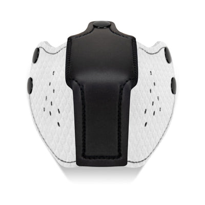 Front view of a white and black neoprene puppy muzzle with snap buttons and stitched detailing.