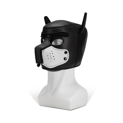 Black neoprene puppy hood with white muzzle and pointed ears displayed on a white mannequin head.