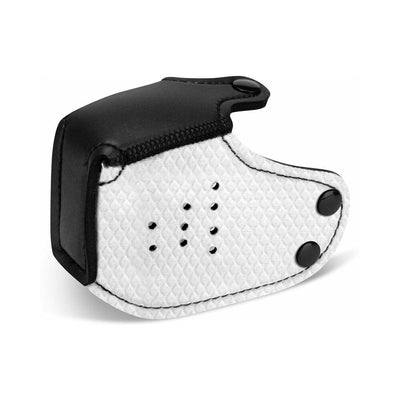 Black and white neoprene puppy muzzle with snap closures and ventilation holes, designed for comfortable wear.