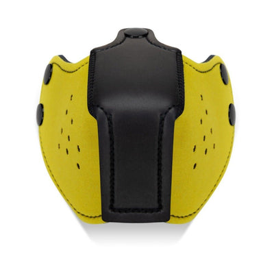Yellow and black neoprene puppy muzzle with snap buttons and ventilation holes, designed for comfortable wear.