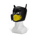 Black neoprene puppy hood with yellow muzzle and pointed ears displayed on a white mannequin head.