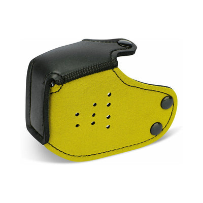 Compact black and yellow neoprene puppy muzzle with snap closures and ventilation holes.