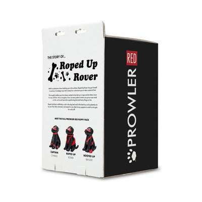 Packaging box for Prowler Red Roped Up Rover Black featuring product story and images of three leather pup figures in red bondage gear.