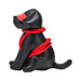 Black leather dog figure with red bondage rope and matching red blindfold accessory.