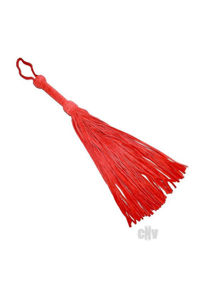 Red suede flogger with braided handle and multiple soft strands for sensory play.