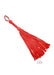 Red suede flogger with braided handle and multiple soft strands for sensory play.