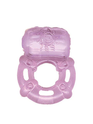 Translucent purple vibrating ring with textured stimulator and ergonomic design for enhanced pleasure.