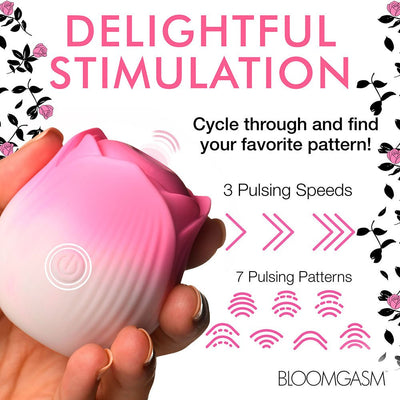 Hand holding a pink and white rose-shaped stimulator with text highlighting 3 pulsing speeds and 7 pulsation patterns for delightful stimulation.
