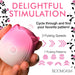 Hand holding a pink and white rose-shaped stimulator with text highlighting 3 pulsing speeds and 7 pulsation patterns for delightful stimulation.