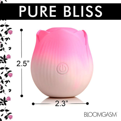 Pink and white rose-shaped pulsing stimulator with power button, measuring 2.5 by 2.3 inches, by Bloomgasm.