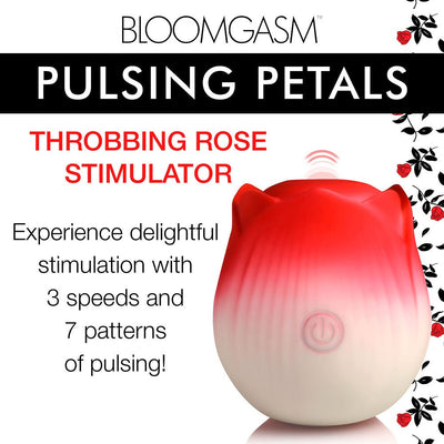 Red and white rose-shaped pulsing stimulator with power button, offering 3 speeds and 7 pulsation patterns for gentle stimulation.