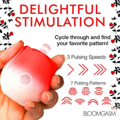 Hand holding a red and white rose-shaped stimulator with power button, highlighting 3 pulsing speeds and 7 pulsation patterns.
