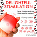 Hand holding a red and white rose-shaped stimulator with power button, highlighting 3 pulsing speeds and 7 pulsation patterns.
