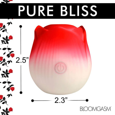 Red and white rose-shaped pulsing stimulator with power button, measuring 2.5 by 2.3 inches, by Bloomgasm.