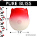 Red and white rose-shaped pulsing stimulator with power button, measuring 2.5 by 2.3 inches, by Bloomgasm.