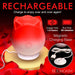 Red and white rose-shaped stimulator on a magnetic charging base with USB cable, highlighting 1.5-hour charge and 45-minute run time.