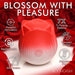 Red and white rose-shaped stimulator with power button, surrounded by icons highlighting features like 7 pulsation patterns and rechargeable design.