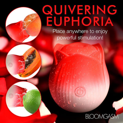 Red rose-shaped stimulator with water droplets, shown with close-ups on fruit to highlight powerful, versatile stimulation.