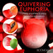 Red rose-shaped stimulator with water droplets, shown with close-ups on fruit to highlight powerful, versatile stimulation.