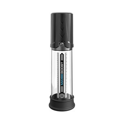 Pump Worx Max Boost Black manual piston penis pump with clear measurement tube and black silicone sleeve.