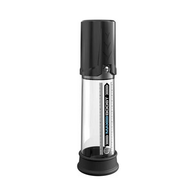 Pump Worx Max Boost Black manual piston-action penis pump with clear tube and black silicone sleeve.
