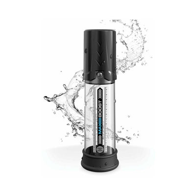 Pump Worx Max Boost Black penis pump with clear measuring tube and black silicone sleeve, shown with water splash background.
