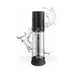 Pump Worx Max Boost Black penis pump with clear measuring tube and black silicone sleeve, shown with water splash background.