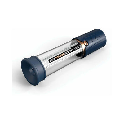 Pump Worx Max Boost Blue penis pump with clear tube, measurement ruler, and dark blue silicone sleeve and handle.