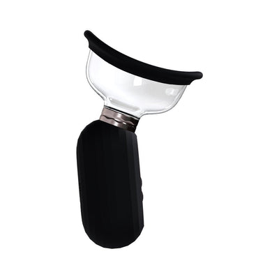 Automatic rechargeable pump with a clear silicone cup and black ergonomic handle for vulva and breast use.
