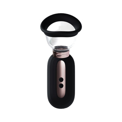 Compact black and rose gold automatic rechargeable pump with silicone cup for vulva and breast use.