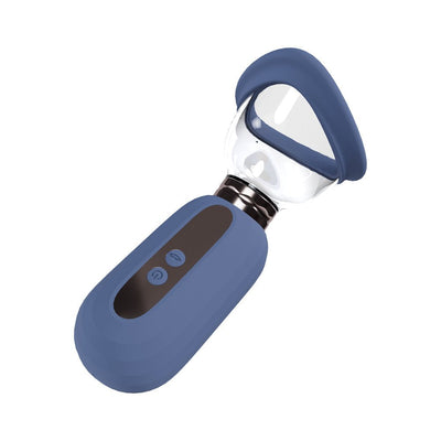Blue automatic rechargeable pump with silicone-sealed cup and control buttons for vulva and breast use.