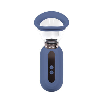 Blue automatic rechargeable vulva and breast pump with silicone seal and control buttons on handle.