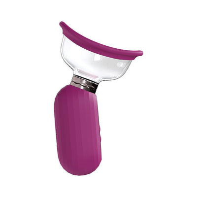 Automatic rechargeable pump with clear silicone cup and purple ergonomic handle for vulva and breast use.