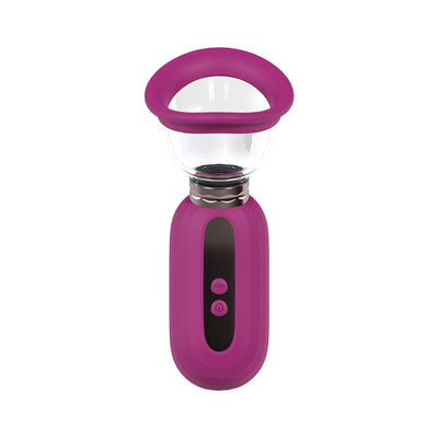 Compact rechargeable vulva and breast pump with silicone seal and control buttons in purple and black design