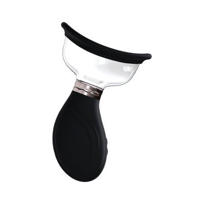 Black and clear automatic rechargeable pump with silicone seal designed for vulva and breast enhancement.