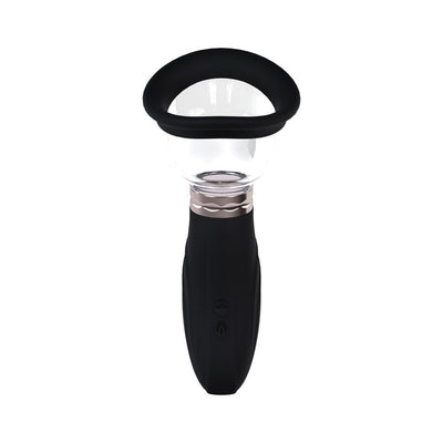 Automatic rechargeable pump with clear cup and black silicone seal for vulva and breast enhancement.