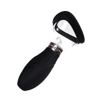 Black and clear automatic rechargeable pump with silicone seal and control buttons for vulva and breast use.