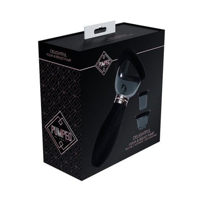 Packaging box for the Pumped Delightful Automatic Rechargeable Vulva & Breast Pump with images of the pump and silicone cups.