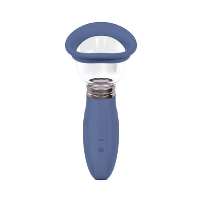 Blue automatic rechargeable pump with silicone seal and clear cup for vulva and breast enhancement.