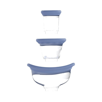 Set of three transparent silicone pump cups with soft blue rims in small, medium, and large sizes for vulva and breast use.